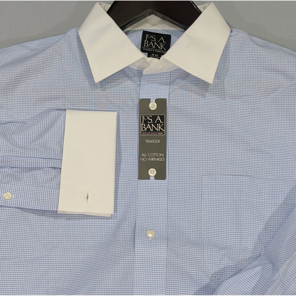 NWT Jos. A. Bank Mens Traveler Shirt 18 34 Blue Check White Collar French Cuff